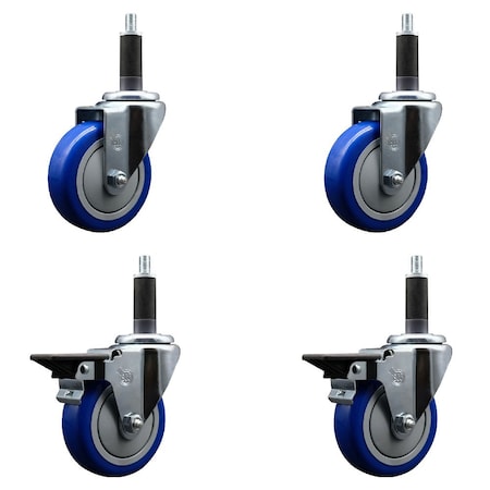 Service Caster 4'' Blue Poly Wheel Swivel 1'' Expanding Stem Caster Set 2 Brakes, 4PK SCC-EX20S414-PPUB-BLUE-2-PLB-2-1